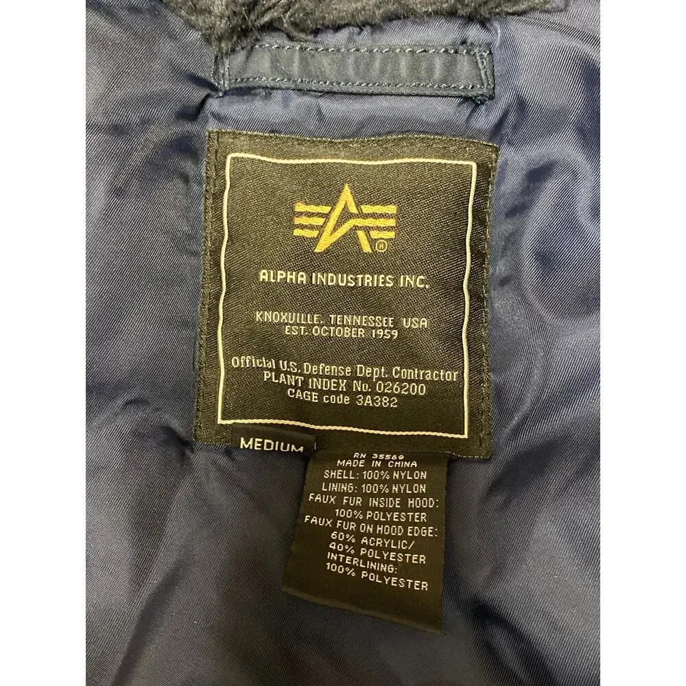 Alpha Industries Black Hooded Long Sleeve Pocket Snorkel Parka Coat Jacket Sz M